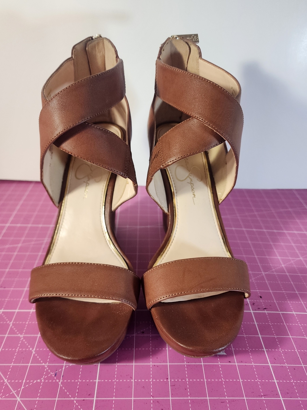 Jessica Simpson Jinxxi in a brown  color, featuring a zipper Wedge Heel 8M/39